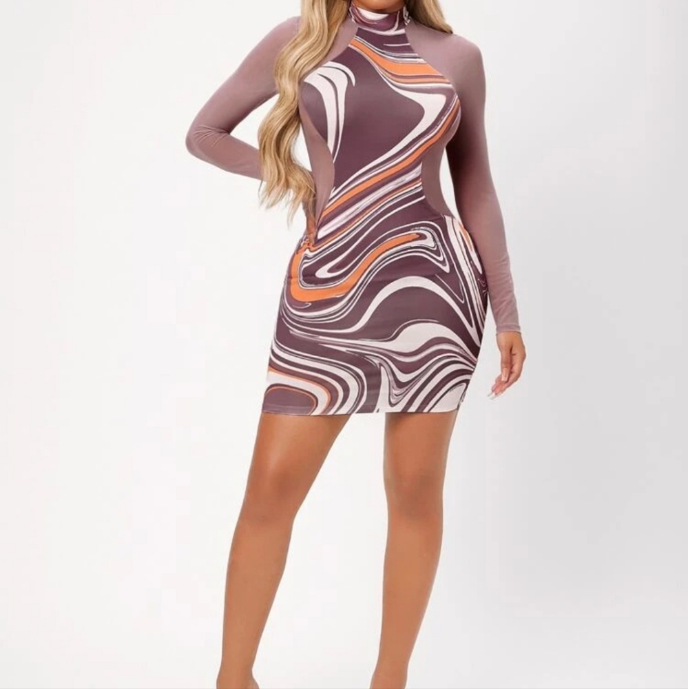 🌈 2/$10 Cut Out Back Mock Neck Marble Dress